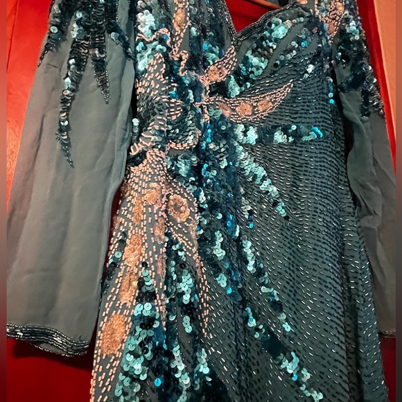 Demetrios Designs Turquoise 80s 90 Beaded Evening Gown Sz M Long Sleeve Cut Out - Picture 7 of 11